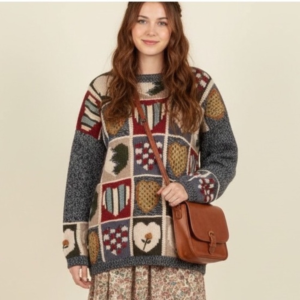 VTG Jennifer Reed‎ Wool Knit Sweater Women Heart Flower Patchwork Oversized L/XL